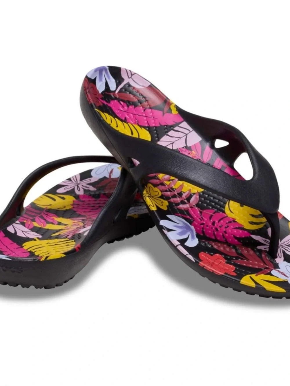 Women's Crocs Kadee Tropical Floral Print Black Flip Flop Sandals
